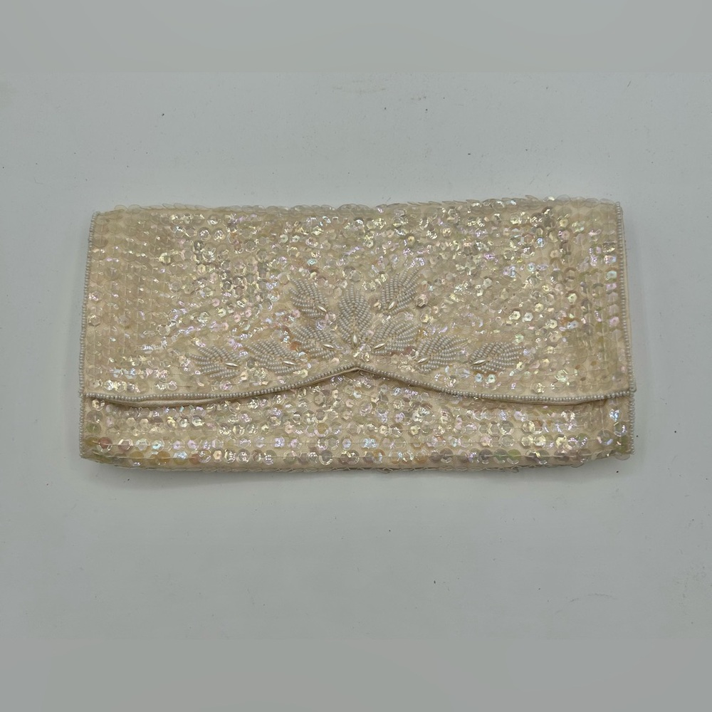Vintage 50s 60s Ivory Beaded Sequin Evening Clutch Purse Snap Closure 8.5" x 4"